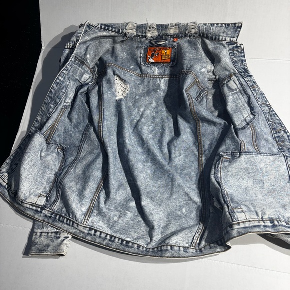 Distressed Denim Jacket Rolling Papers Jean Jacket in Stonewash Blue Denim - Picture 9 of 10